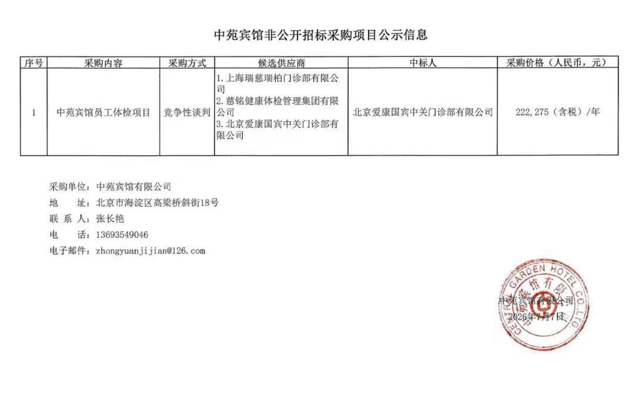 中苑宾馆非公开招标采购项目公示信息